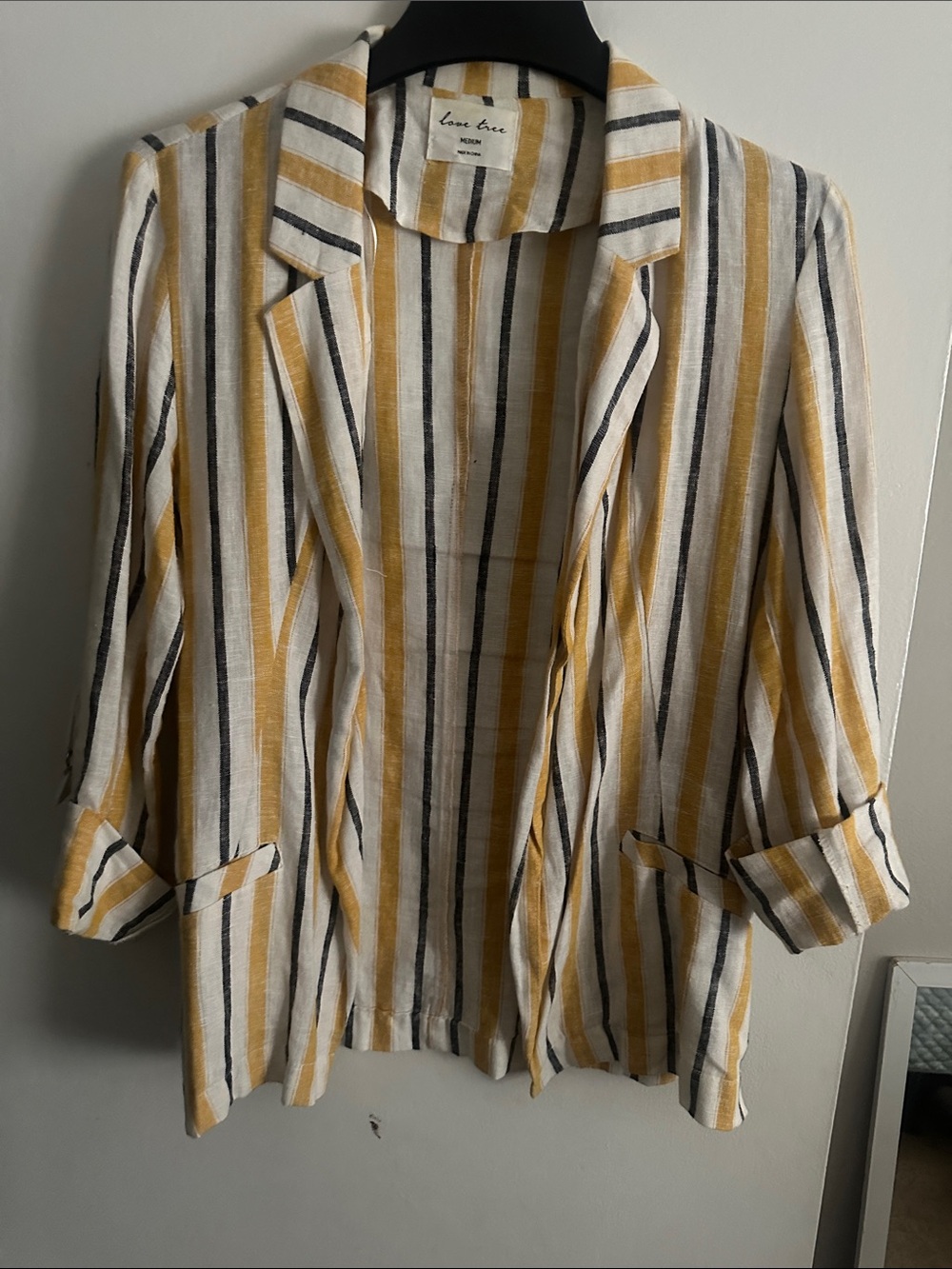 Love Tree Yellow White Black Striped Linen-Blend Blazer
